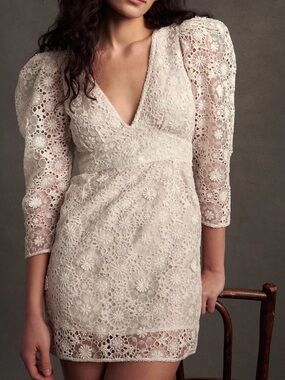 LoveShackFancy Faye Cream Floral Lace V-Neck Mini Dress with Puff Sleeves